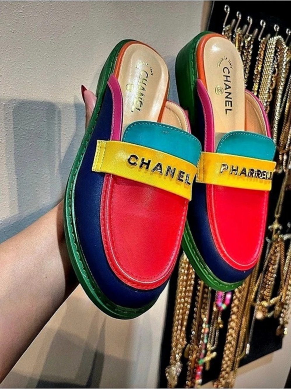 Pharrell Multicolor Leather Mules / Loafers in Blue & Red
